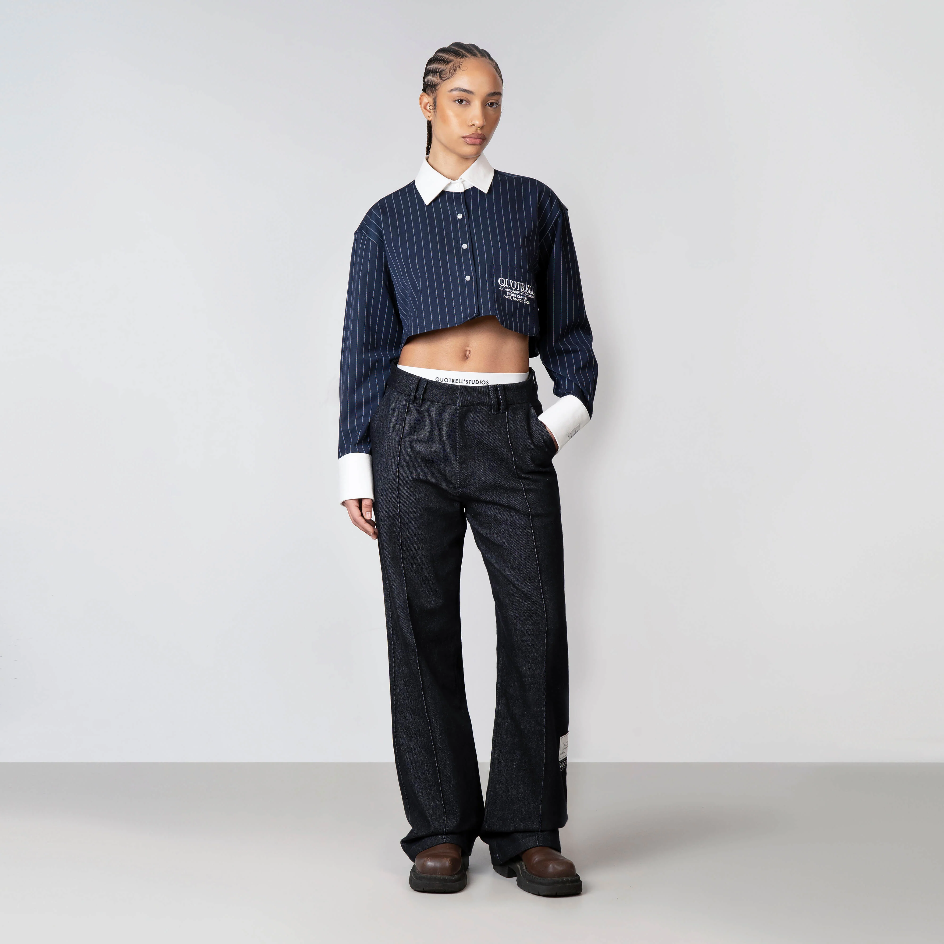 OLIVIA CROPPED BLOUSE | NAVY/WHITE - Image 3